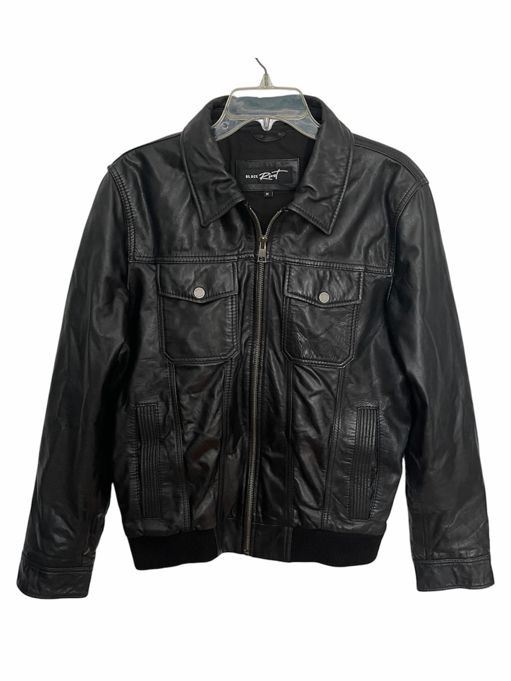 Black Rivet 100% Genuine Leather Bomber Jacket Mens M Removable Hood Grey Bib